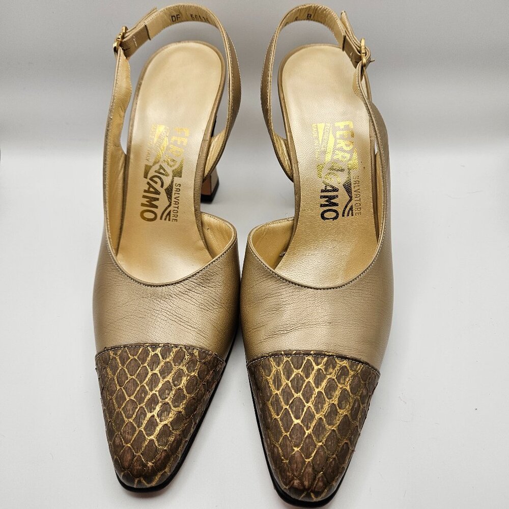 Salvatore Ferragamo Gold Leather Slingback Heels w/ Snakeskin Cap Toe – Size 8B